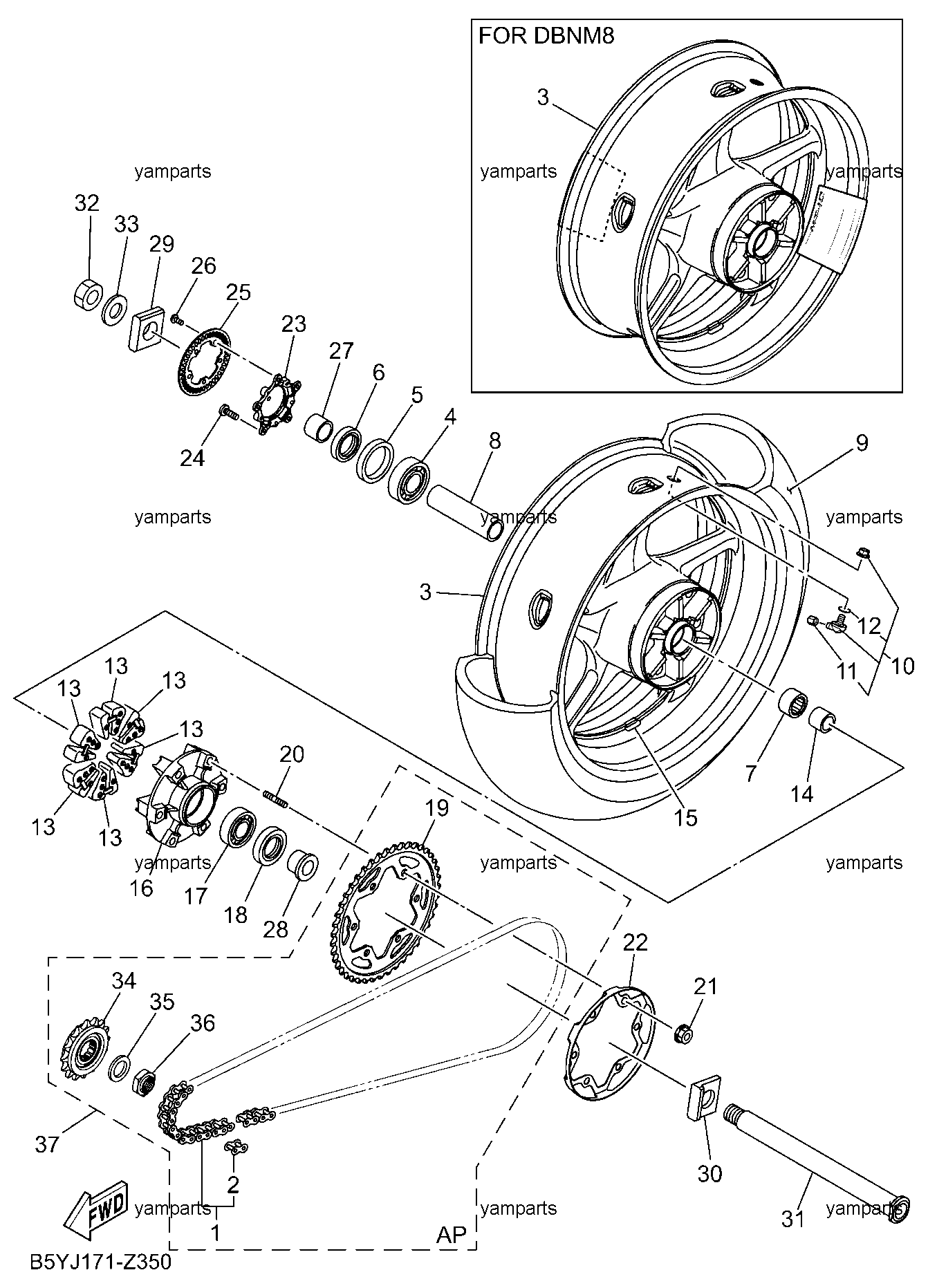 Колесо заднее, цепь