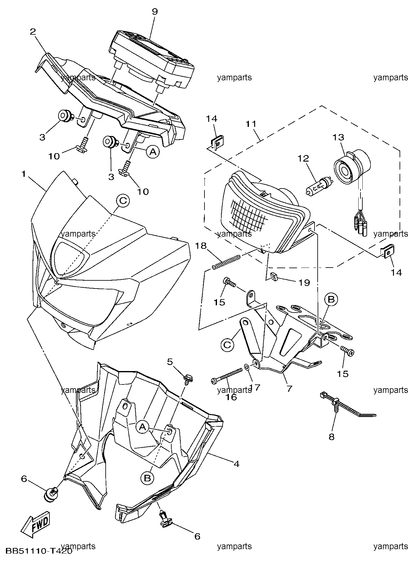 Фара центральная, панель приборов